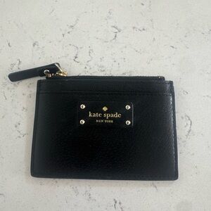 kate spade Black Leather Zip Card Holder with Gold Plaque